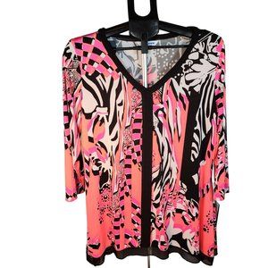 Nygard 1X V Neck 3/4 Sleeve Pull Over Multi Color Blouse with Sheer Bottom. NWT